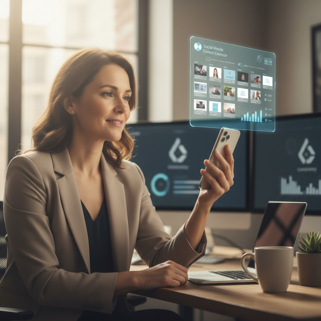 Marketing manager checking content calendar on phone